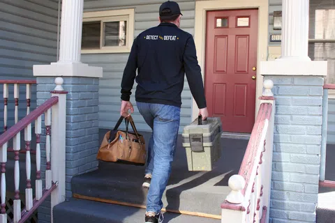 Technician carrying toolboxes walking up front porch stairs toward a red door at a residential house.