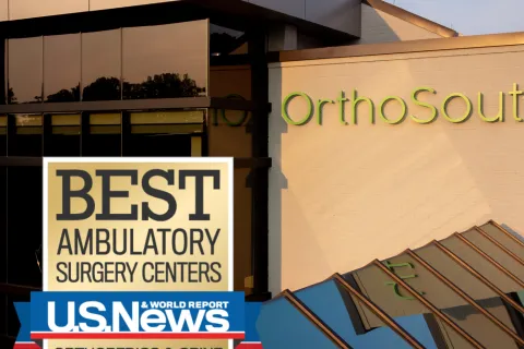OrthoSouth building exterior with US News award for Best ASC badge