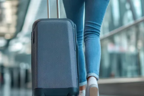 Person walking in an airport terminal pulling a gray suitcase with wheels and a telescopic handle.