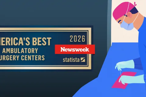 Illustration of a masked surgeon operating beside a 2026 America's Best Ambulatory Surgery Centers award plaque.