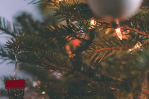 Close-up of a decorated Christmas tree with stockings and ornaments alongside Patriot Service logo and contact info.