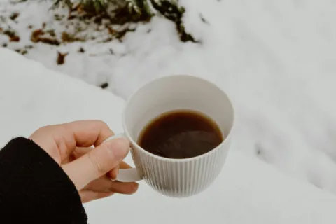 Hand holding a cup of coffee with snow-covered ground and text about winter home readiness.