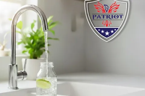 Water filling a glass bottle with a lime slice under a modern kitchen faucet with a plant in the background.