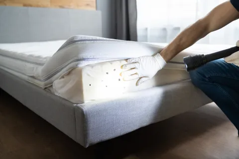 a person putting a bag on a bed