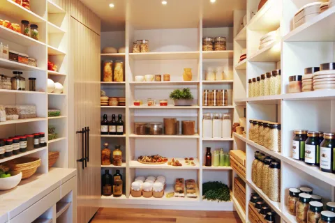 a room with shelves with jars and food