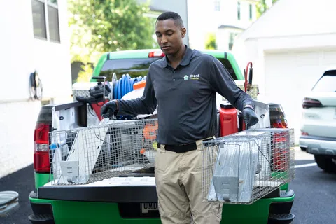 Pest control technician holding wire traps standing near green truck filled with equipment outside house.