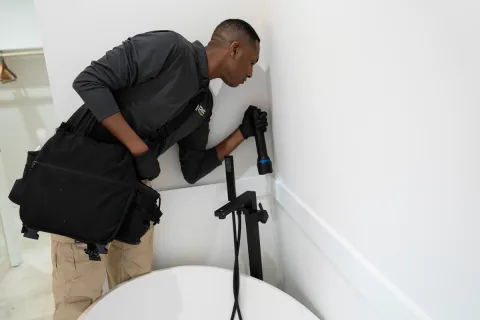 PestMaster technician inspecting for pests in bathroom wall near freestanding tub with flashlight and tool bag.