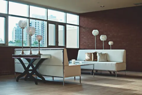 a living room with a couch and a table
