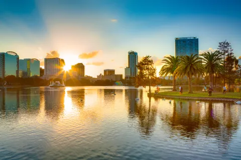 a body of water with buildings and trees around it
