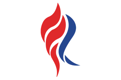 Abstract flame logo with three red and blue curved shapes on a black background