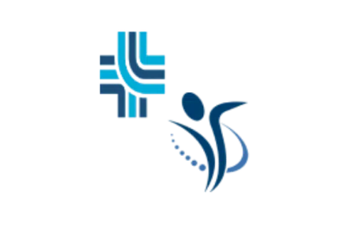 Blue medical cross and abstract human figure symbol representing health and well-being.