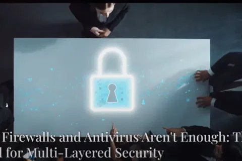 Business professionals discussing cybersecurity with holographic lock symbolizing multi-layered protection