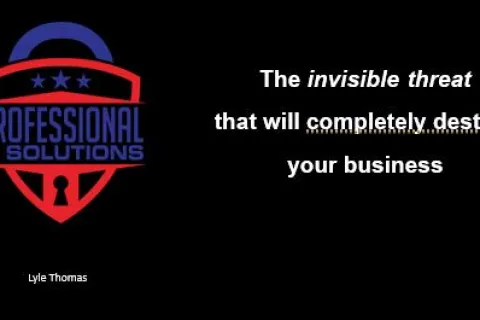 Professional IT Solutions logo with text about an invisible threat that can destroy your business on black background