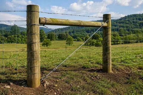 Wooden fence posts connected by barbed wire in a green field with trees and hills under a blue sky.