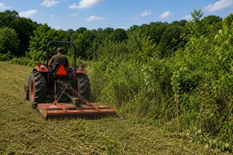 Farmer on tractor mowing tall grass with brush cutter on a sunny day near dense green trees and blue sky.