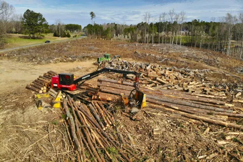 Logging machine stacking cut logs in a cleared forest area with scattered timber and trees in the background