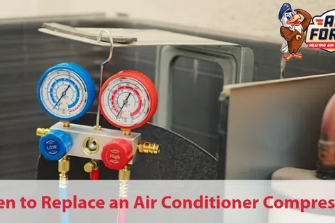 Manifold gauges on air conditioner compressor with overlaid text about replacing compressors and emergency heating repair.