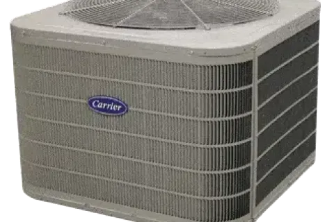 Carrier brand outdoor air conditioning unit with metal grille and ventilation fan on top