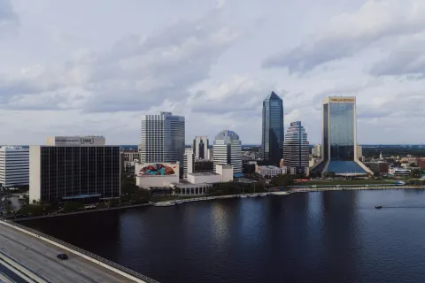 a city next to a body of water