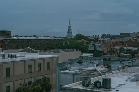a city with buildings and trees