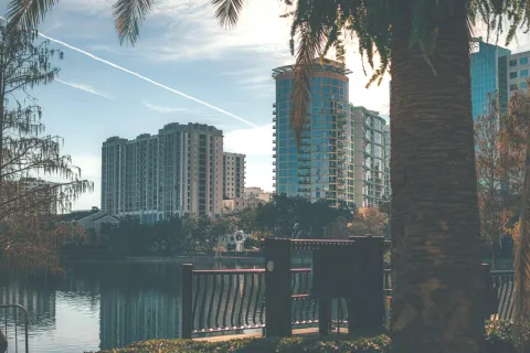 a body of water with trees and buildings around it