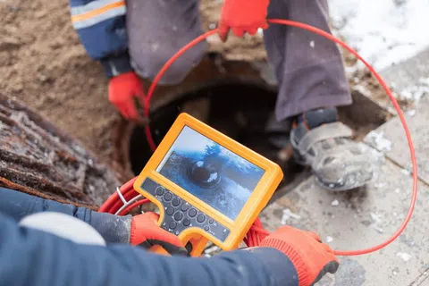 Technicians using a sewer inspection camera to examine underground pipes through a manhole in winter.