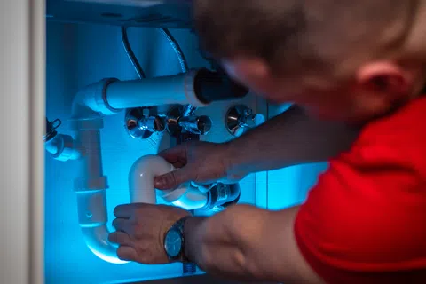 Plumber in red shirt fixing white pipes under sink with blue lighting in the cabinet.