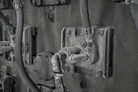 Close-up of old rusted metal pipes and fittings on a weathered industrial wall in monochrome grayscale.
