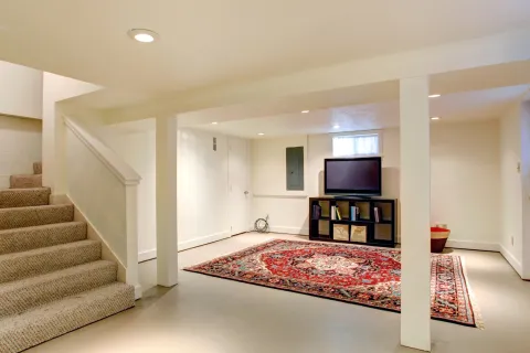 a living room with a tv and couches