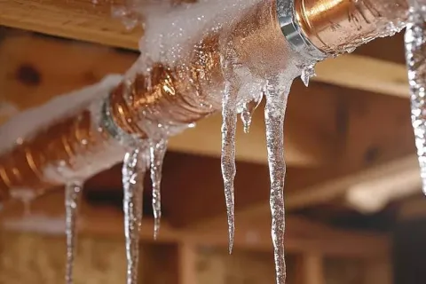 Copper pipes in a wooden structure with ice and icicles forming during freezing temperatures.