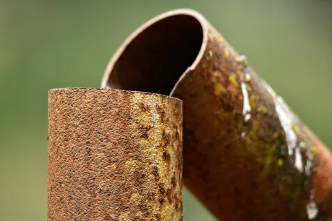 Close-up of two rusted metal pipes with textured corrosion and patches of moss against a blurred green background