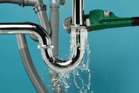 Green pipe wrench tightening leaking chrome pipe with water splashing against blue background.