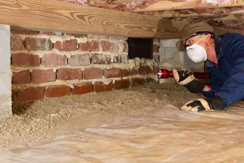 Technician in protective gear inspecting a crawl space with a flashlight under a wooden floor.