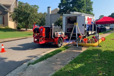 a red truck parked on the side of a road