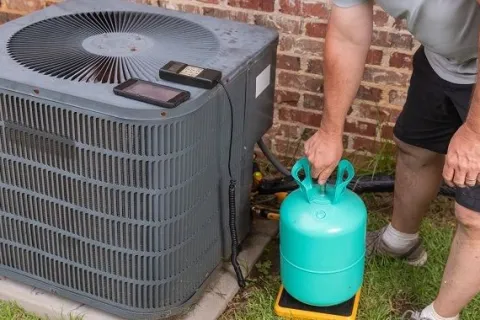 a man putting a gas stove in a yard