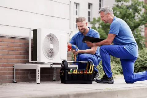 a couple of men sitting on a bench with a laptop and a fan
