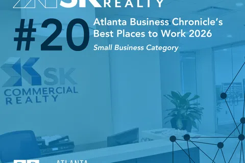 SK Commercial Realty ranked #20 in Atlanta Business Chronicle's Best Places to Work 2026 for small businesses.