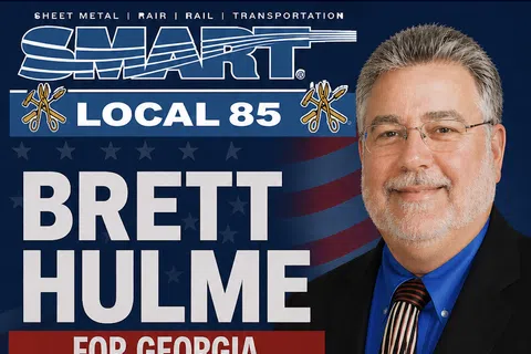 Campaign image of Brett Hulme for Georgia Labor Commissioner with SMART Local 85 logo and patriotic background.