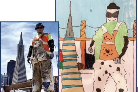 Construction worker wearing safety gear with Transamerica Pyramid building and a child's colorful drawing in the background