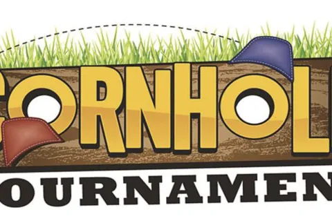 Cornhole tournament logo with wooden sign, grass background, and red and blue bean bags on letters.