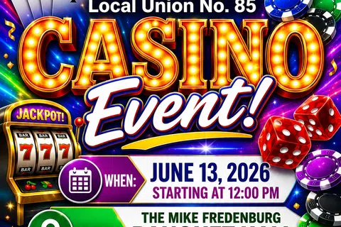 Bright casino event poster with date, location, food, drinks, and family-friendly invitation