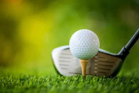 Close-up of a golf ball on a wooden tee with a golf driver ready to strike on green grass.
