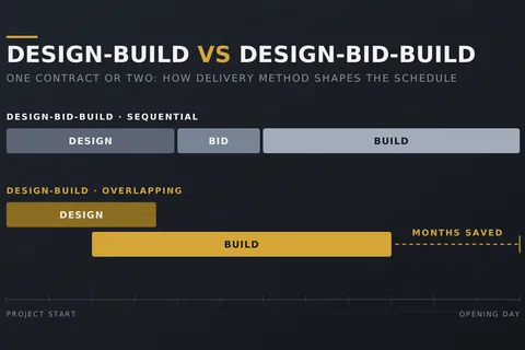 Timeline comparing sequential design-bid-build phases with overlapping design-build phases, showing months saved before opening day
