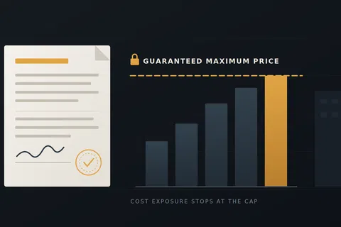 Document next to bar chart showing cost exposure stopping at a guaranteed maximum price cap.