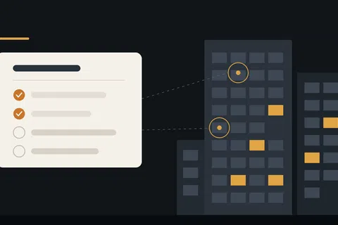 Checklist with completed tasks connected to specific windows in a group of dark office buildings.