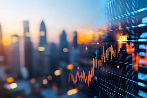 Digital stock market graph with orange trends overlaying a city skyline at sunset, showing financial data and growth.