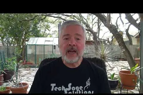 Bearded man wearing a Tech Sage Solutions shirt in a backyard garden with potted plants and trees