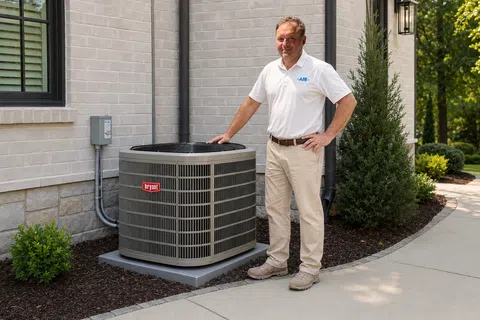 Heat pump thermostat showing emergency heat setting in an Atlanta home, The Air Company of GA