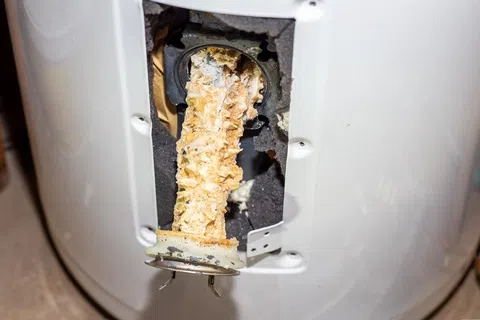 Corroded and mineral buildup on water heater heating element inside white tank unit