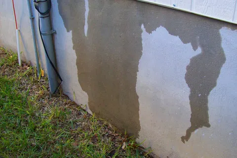Water stains on a home's concrete foundation wall with adjacent grass and utility pipes visible.